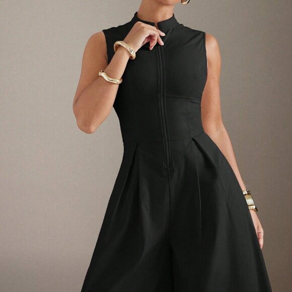 Black Elegant Women's Extreme Wide Leg Zip Front Sleeveless Jumpsuit - Picture 2 of 5